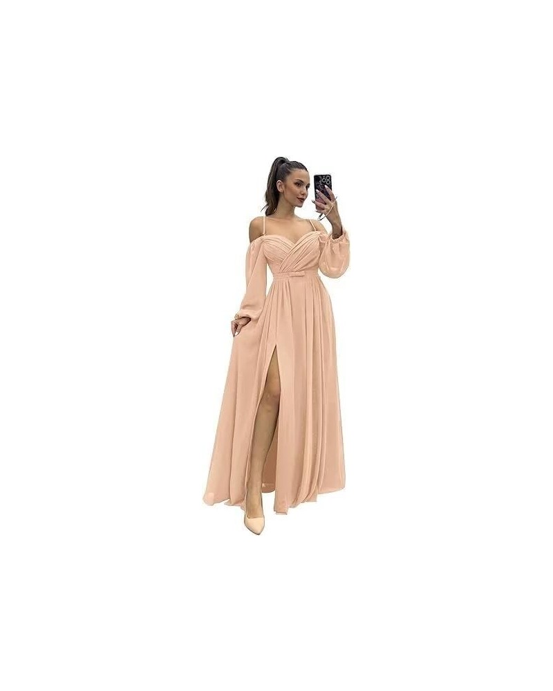 A Line Off Shoulder Bridesmaid Dresses with Long Sleeves Side Slit Chiffon Women's Formal Dress with Pockets Peach $18.00 Dre...