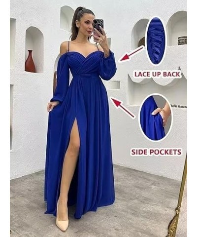 A Line Off Shoulder Bridesmaid Dresses with Long Sleeves Side Slit Chiffon Women's Formal Dress with Pockets Peach $18.00 Dre...