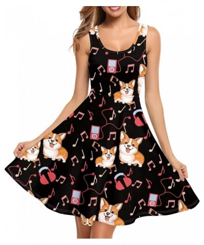 Summer Sleeveless Tank Dress for Women Girls Knee Length Sundress with Side Pockets Music Notes Corgi Dog $20.99 Dresses