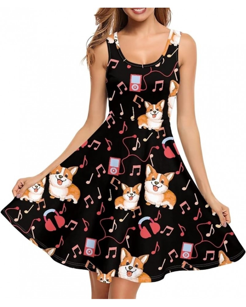 Summer Sleeveless Tank Dress for Women Girls Knee Length Sundress with Side Pockets Music Notes Corgi Dog $20.99 Dresses