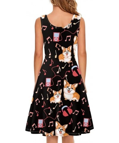 Summer Sleeveless Tank Dress for Women Girls Knee Length Sundress with Side Pockets Music Notes Corgi Dog $20.99 Dresses