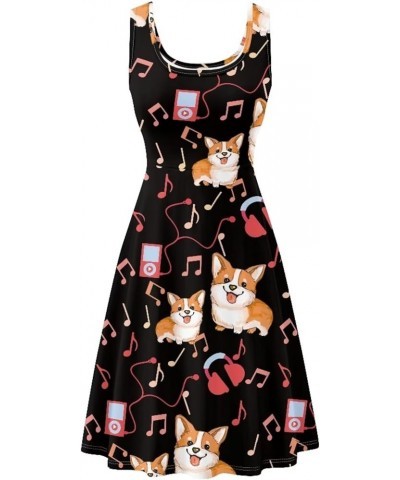 Summer Sleeveless Tank Dress for Women Girls Knee Length Sundress with Side Pockets Music Notes Corgi Dog $20.99 Dresses