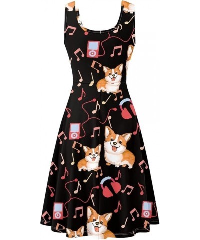 Summer Sleeveless Tank Dress for Women Girls Knee Length Sundress with Side Pockets Music Notes Corgi Dog $20.99 Dresses