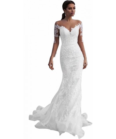 Lace Mermaid Wedding Dresses for Bride 2024 with Sleeves Beach Boho Bridal Gowns for Women O White $34.50 Dresses