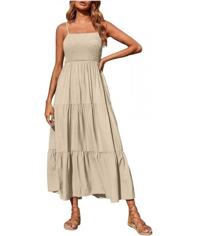 Summer Dresses for Women Casual Bohemian Solid Maxi Dress Spaghetti Strap Sleeveless Smocked Tiered Beach Sundresses A03_khak...