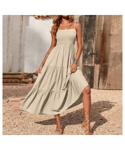 Summer Dresses for Women Casual Bohemian Solid Maxi Dress Spaghetti Strap Sleeveless Smocked Tiered Beach Sundresses A03_khak...