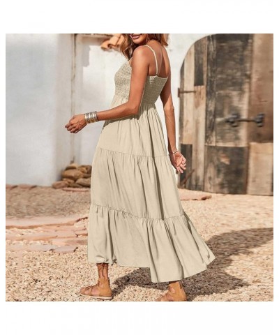 Summer Dresses for Women Casual Bohemian Solid Maxi Dress Spaghetti Strap Sleeveless Smocked Tiered Beach Sundresses A03_khak...