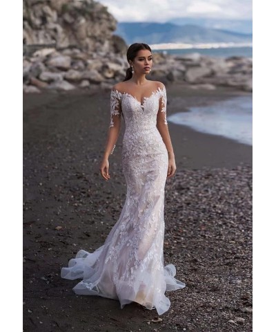 Lace Mermaid Wedding Dresses for Bride 2024 with Sleeves Beach Boho Bridal Gowns for Women O White $34.50 Dresses