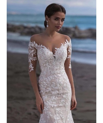 Lace Mermaid Wedding Dresses for Bride 2024 with Sleeves Beach Boho Bridal Gowns for Women O White $34.50 Dresses