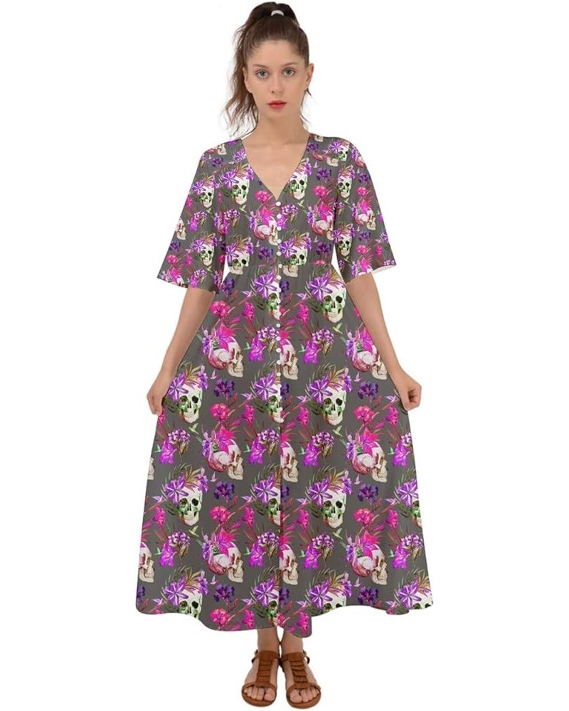 Womens Grunge Skull Roses Floral Kimono Sleeve Boho Dress Dark Gray & Violet $17.97 Dresses