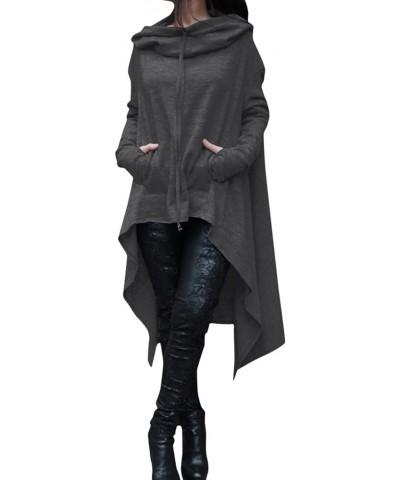 Womens Asymmetric Hem Long Sleeve Loose Casual Hoodies Sweatshirts Tunic Tops Cowl Neck High Low Cloak with Pockets Dark Gray...