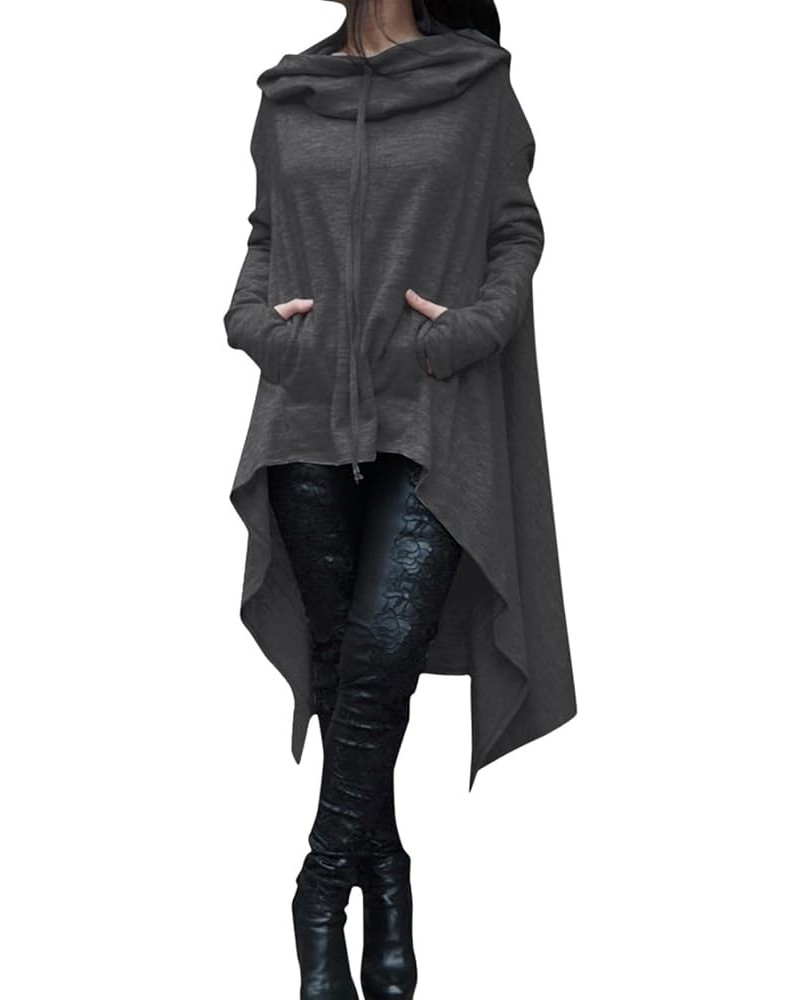 Womens Asymmetric Hem Long Sleeve Loose Casual Hoodies Sweatshirts Tunic Tops Cowl Neck High Low Cloak with Pockets Dark Gray...