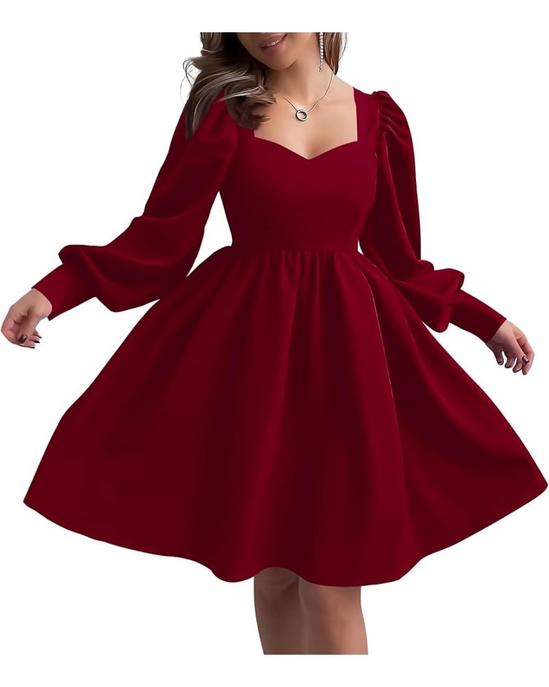 Casual Long Sleeve Dress Formal Wedding Guest Cocktail A Line Short Sun Dresses with Pocket Burgundy $15.12 Dresses