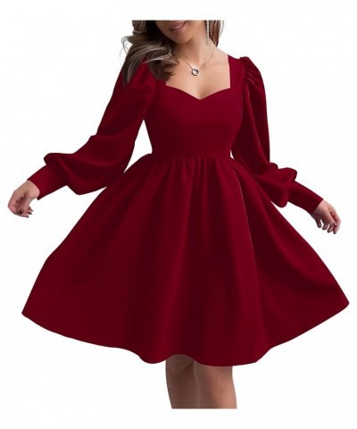 Casual Long Sleeve Dress Formal Wedding Guest Cocktail A Line Short Sun Dresses with Pocket Burgundy $15.12 Dresses