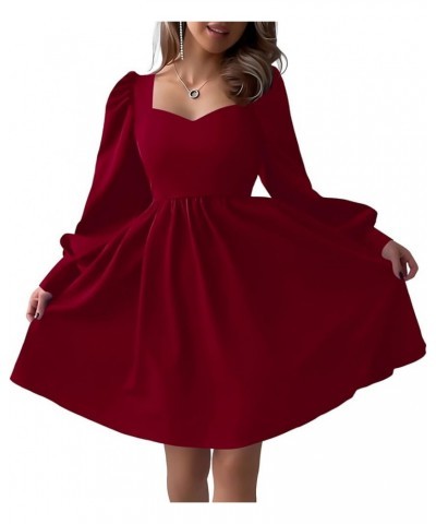 Casual Long Sleeve Dress Formal Wedding Guest Cocktail A Line Short Sun Dresses with Pocket Burgundy $15.12 Dresses