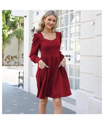 Casual Long Sleeve Dress Formal Wedding Guest Cocktail A Line Short Sun Dresses with Pocket Burgundy $15.12 Dresses