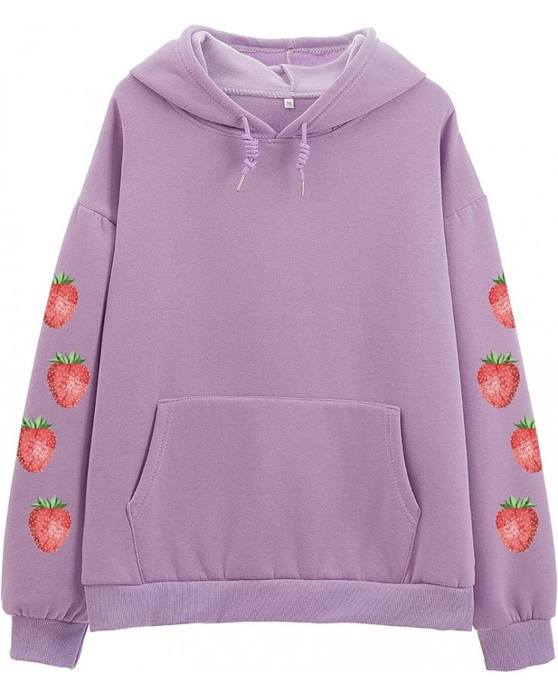 Women's Cute Sweatshirt Strawberry Sleeve Printed Cotton Warm Hoodie with Pocket Purple $16.78 Hoodies & Sweatshirts