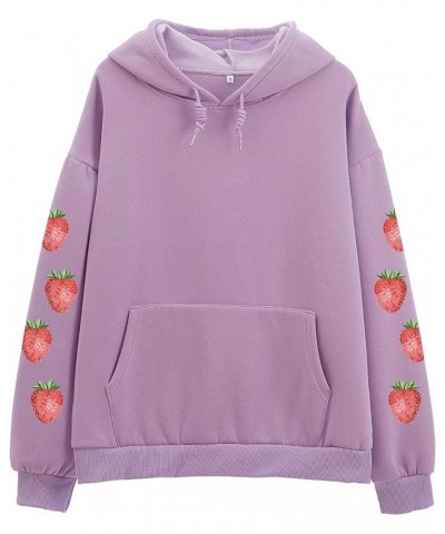 Women's Cute Sweatshirt Strawberry Sleeve Printed Cotton Warm Hoodie with Pocket Purple $16.78 Hoodies & Sweatshirts