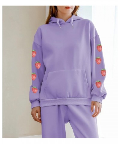 Women's Cute Sweatshirt Strawberry Sleeve Printed Cotton Warm Hoodie with Pocket Purple $16.78 Hoodies & Sweatshirts