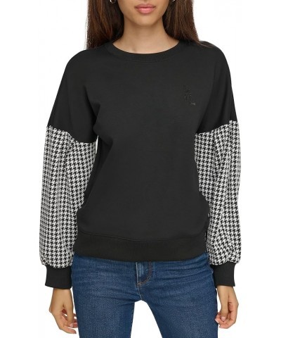 Women's Houndstooth Detail Long Sleeve Blouse Black $26.96 Blouses