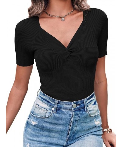 Womens Short Sleeve Tops V Neck Going Out Casual Summer Cute Knit Slimming Twist Front Pullover Sweaters Shirts Black $19.37 ...