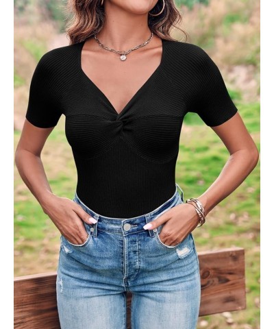 Womens Short Sleeve Tops V Neck Going Out Casual Summer Cute Knit Slimming Twist Front Pullover Sweaters Shirts Black $19.37 ...