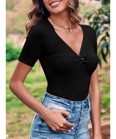 Womens Short Sleeve Tops V Neck Going Out Casual Summer Cute Knit Slimming Twist Front Pullover Sweaters Shirts Black $19.37 ...