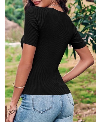 Womens Short Sleeve Tops V Neck Going Out Casual Summer Cute Knit Slimming Twist Front Pullover Sweaters Shirts Black $19.37 ...