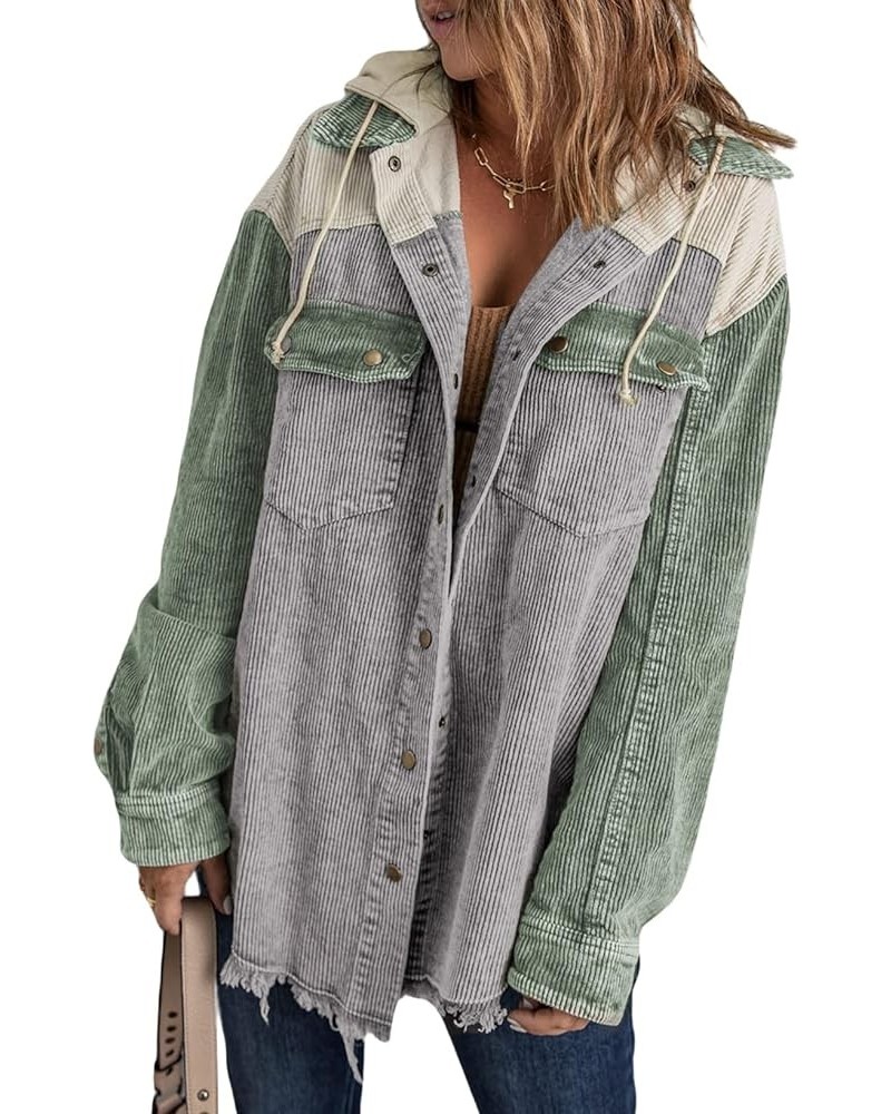 Womens Fall Corduroy Shacket Jacket Long Sleeve Button Down Color Block Hooded Coat with Pockets A Gray $16.50 Jackets