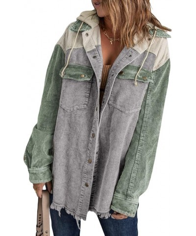 Womens Fall Corduroy Shacket Jacket Long Sleeve Button Down Color Block Hooded Coat with Pockets A Gray $16.50 Jackets