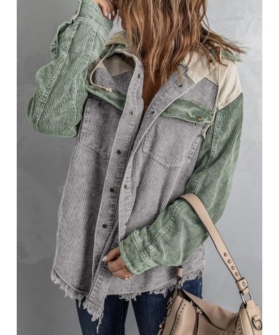 Womens Fall Corduroy Shacket Jacket Long Sleeve Button Down Color Block Hooded Coat with Pockets A Gray $16.50 Jackets