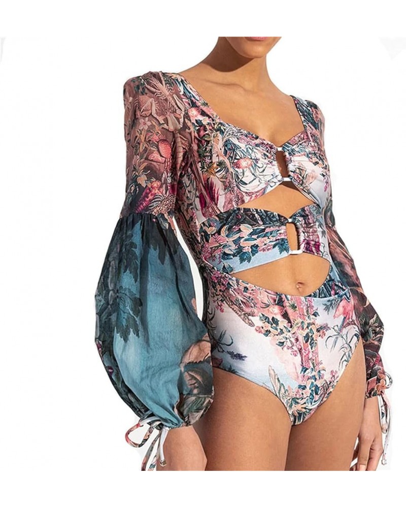 Women's Long Sleeve Bathing Suit, Floral Print Backless One Piece Swimsuit Puff Sleeve Bathing Suit Swimwear Bikini-015 $16.1...