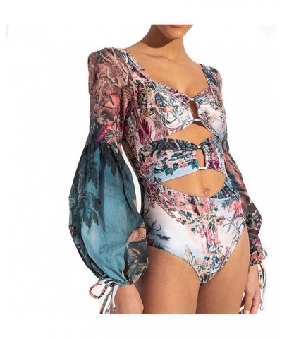 Women's Long Sleeve Bathing Suit, Floral Print Backless One Piece Swimsuit Puff Sleeve Bathing Suit Swimwear Bikini-015 $16.1...