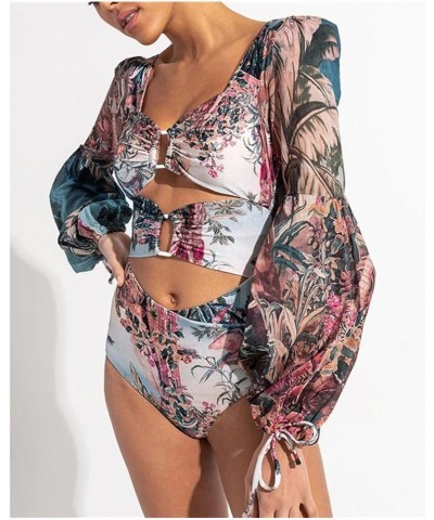 Women's Long Sleeve Bathing Suit, Floral Print Backless One Piece Swimsuit Puff Sleeve Bathing Suit Swimwear Bikini-015 $16.1...