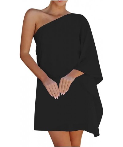 Women's Casual Cocktail Dresses Summer Fashion Loose Solid Color One Shoulder Doll Sleeve Dress Short Black $8.11 Dresses