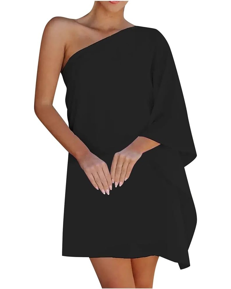 Women's Casual Cocktail Dresses Summer Fashion Loose Solid Color One Shoulder Doll Sleeve Dress Short Black $8.11 Dresses