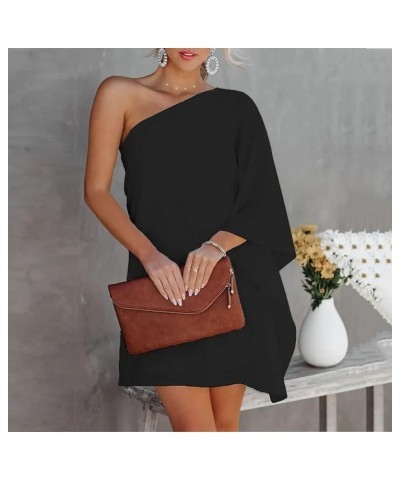 Women's Casual Cocktail Dresses Summer Fashion Loose Solid Color One Shoulder Doll Sleeve Dress Short Black $8.11 Dresses