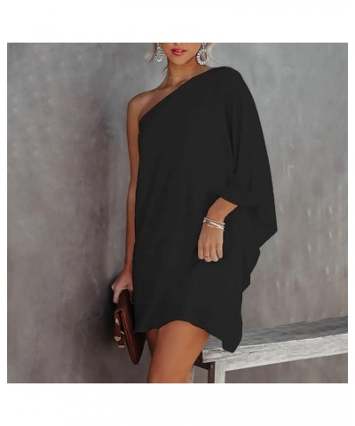 Women's Casual Cocktail Dresses Summer Fashion Loose Solid Color One Shoulder Doll Sleeve Dress Short Black $8.11 Dresses