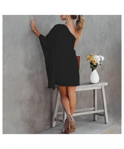 Women's Casual Cocktail Dresses Summer Fashion Loose Solid Color One Shoulder Doll Sleeve Dress Short Black $8.11 Dresses