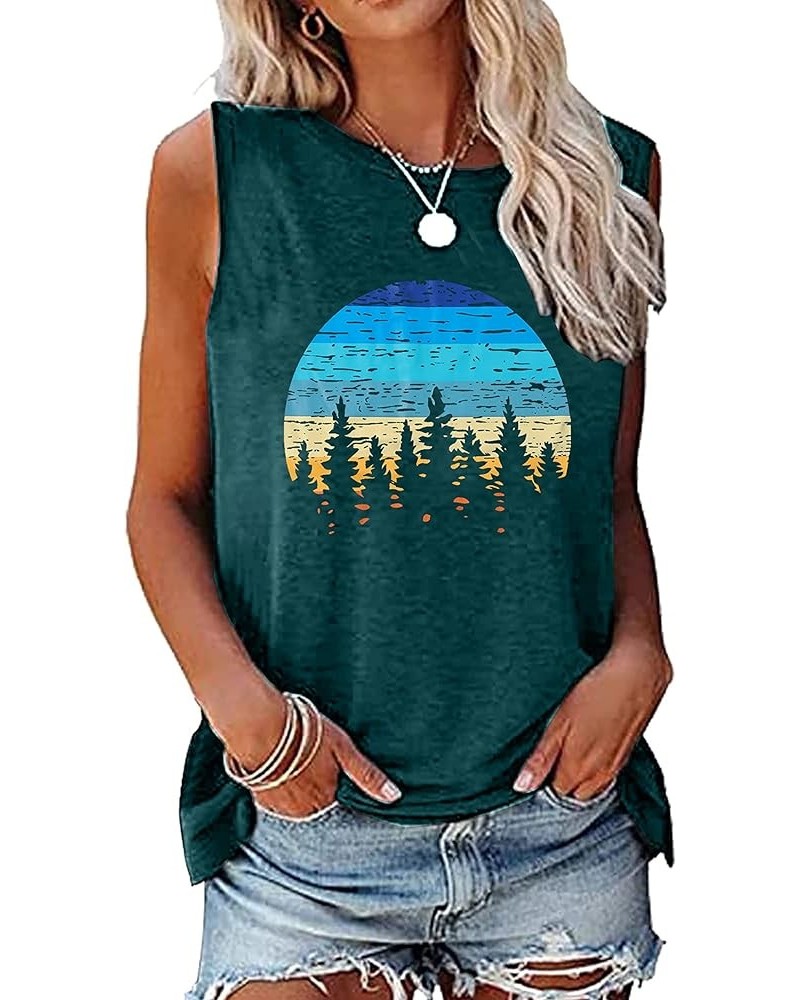 Sunset Tank Tops Women Pine Tree Retro Sun Tank Top Camping Shirts Vintage Graphic Tops Summer Sleeveless Tees Green $10.00 T...