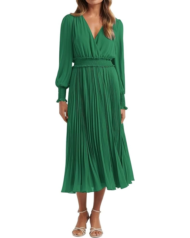 Womens Wrap V Neck Spring Dresses Wedding Guest Casual Pleated Long Sleeve Midi Dress Ruffle Smocked Long Dress Green $25.02 ...