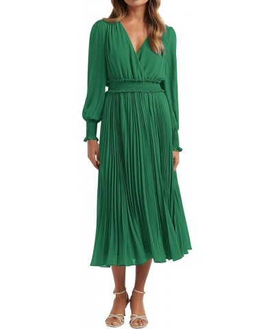 Womens Wrap V Neck Spring Dresses Wedding Guest Casual Pleated Long Sleeve Midi Dress Ruffle Smocked Long Dress Green $25.02 ...