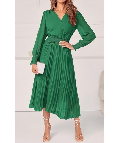 Womens Wrap V Neck Spring Dresses Wedding Guest Casual Pleated Long Sleeve Midi Dress Ruffle Smocked Long Dress Green $25.02 ...