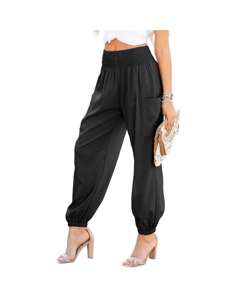 Womens Summer Boho Business Casual Smocked High Waisted Cargo Long Pants with Pockets Black $13.96 Pants