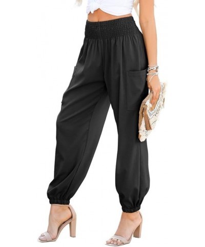 Womens Summer Boho Business Casual Smocked High Waisted Cargo Long Pants with Pockets Black $13.96 Pants