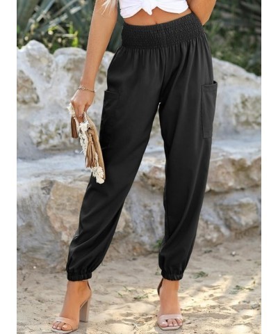 Womens Summer Boho Business Casual Smocked High Waisted Cargo Long Pants with Pockets Black $13.96 Pants