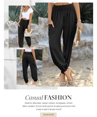 Womens Summer Boho Business Casual Smocked High Waisted Cargo Long Pants with Pockets Black $13.96 Pants