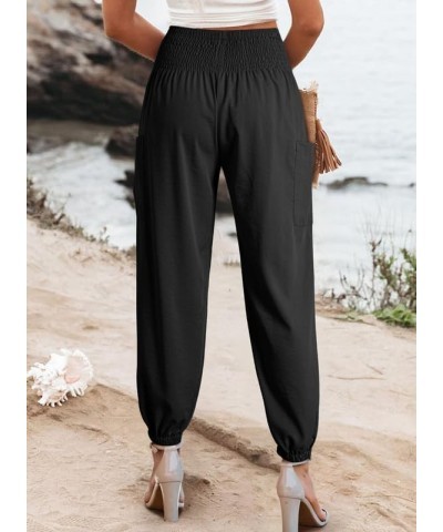 Womens Summer Boho Business Casual Smocked High Waisted Cargo Long Pants with Pockets Black $13.96 Pants