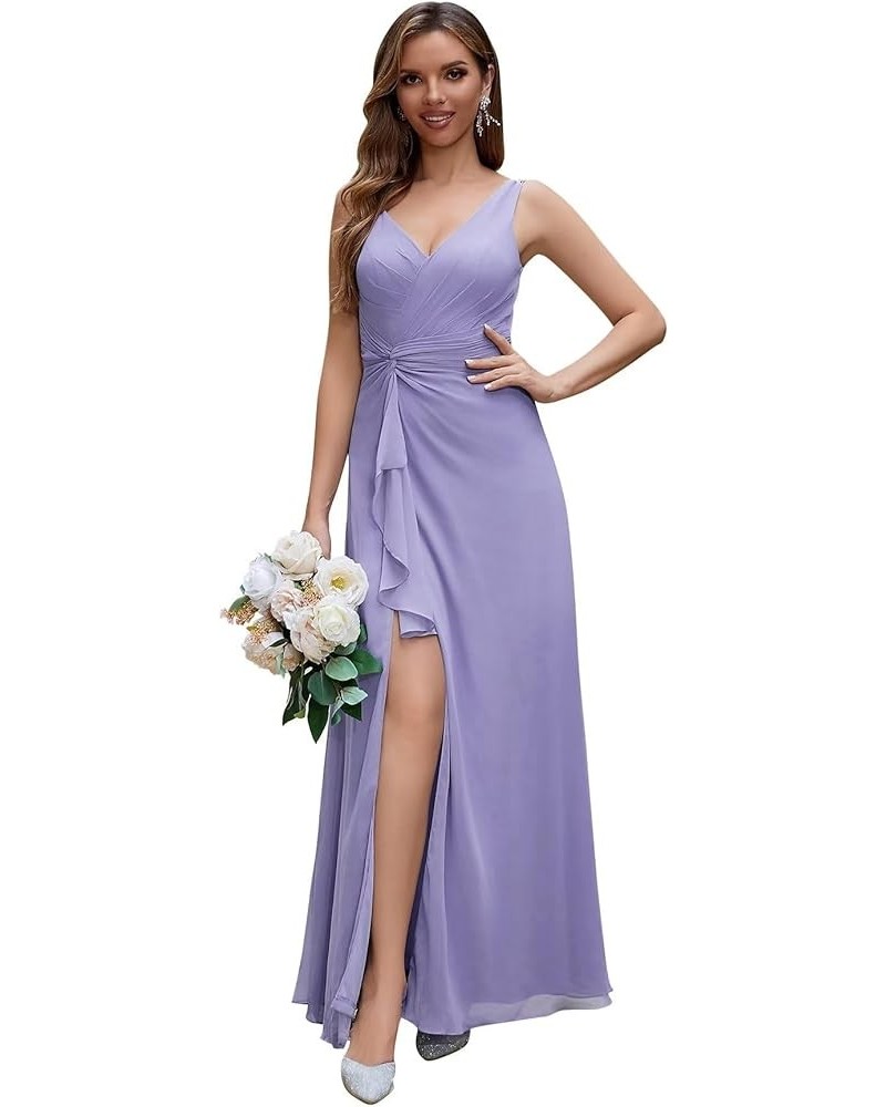 V Neck Chiffon Bridesmaid Dresses for Women Spaghetti Straps Pleated Maxi Dress Ruffle Hem A-Line Split Formal Dress Lavender...