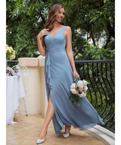 V Neck Chiffon Bridesmaid Dresses for Women Spaghetti Straps Pleated Maxi Dress Ruffle Hem A-Line Split Formal Dress Lavender...